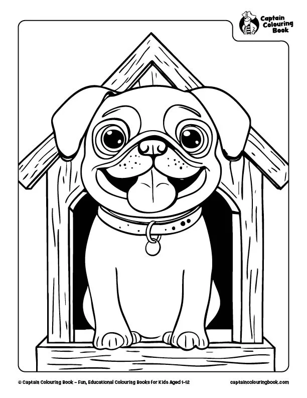 Free Pug Cute Dog Colouring Page Download by Captain Colouring Book, Cute Puppy Printable Colouring Page