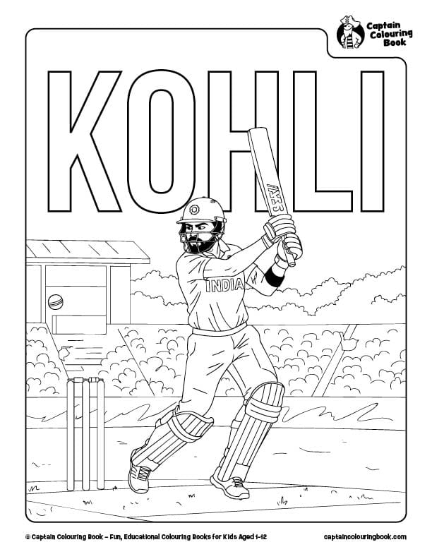 Free Virat Kohli India Cricket Colouring Page PDF Download for kids and adults by Captain Colouring Book